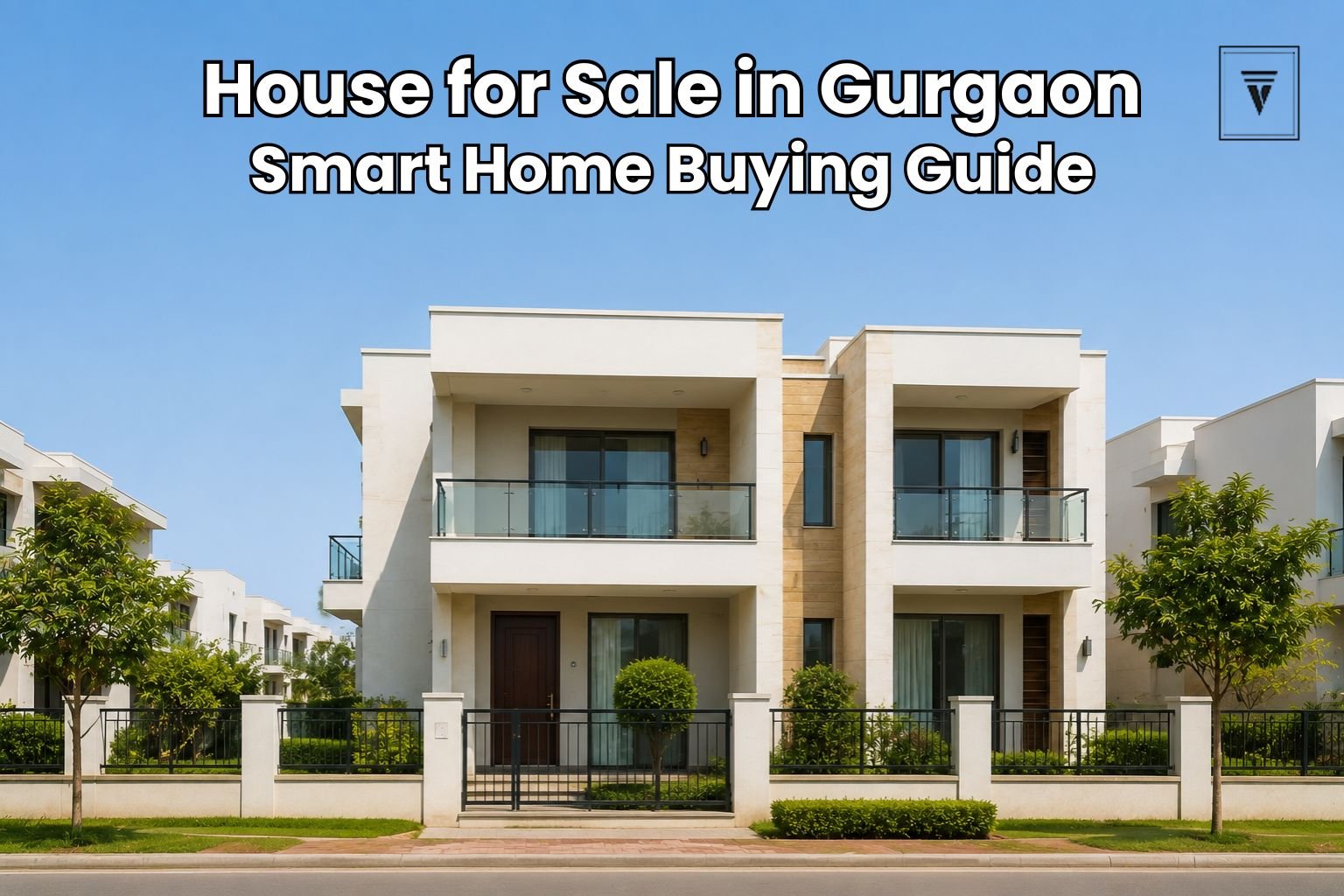Modern luxury house for sale in Gurgaon with contemporary architecture, spacious balconies, landscaped surroundings, and a clean daytime exterior view.
