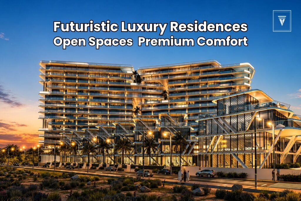 Luxury Lamborghini-inspired residential towers in Gurgaon with futuristic architecture, open spaces, and illuminated modern exteriors at sunset.