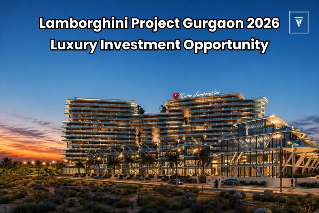 Luxury Lamborghini branded residential project in Gurgaon with modern architecture and premium skyline view at sunset