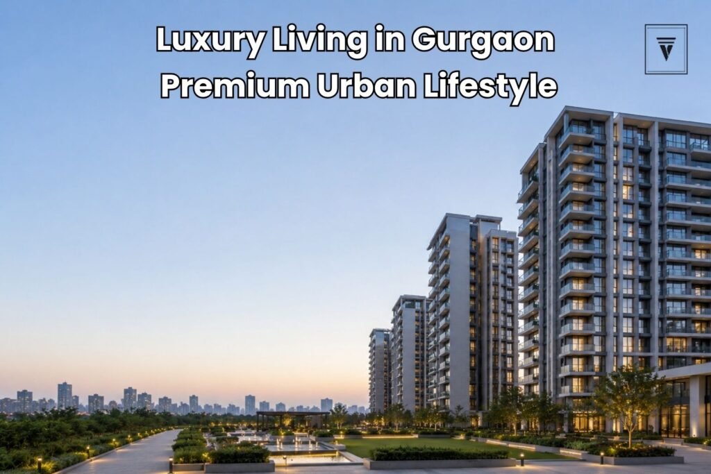 Modern luxury apartment towers in Gurgaon with landscaped gardens and open sky at dusk.