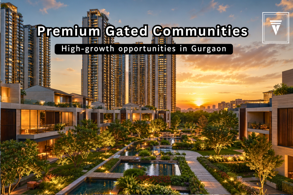 Luxury real estate Gurgaon skyline with modern high-rise residential buildings and sunset view