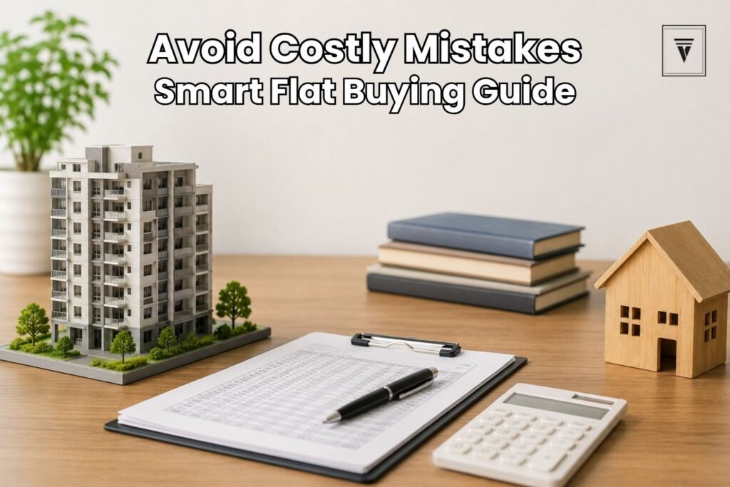 Modern real estate workspace with apartment model, calculator, and property documents representing smart flat buying decisions in Gurugram.