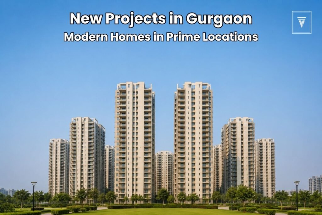 Modern residential apartment towers representing new housing projects in Gurgaon with landscaped green spaces and open sky.