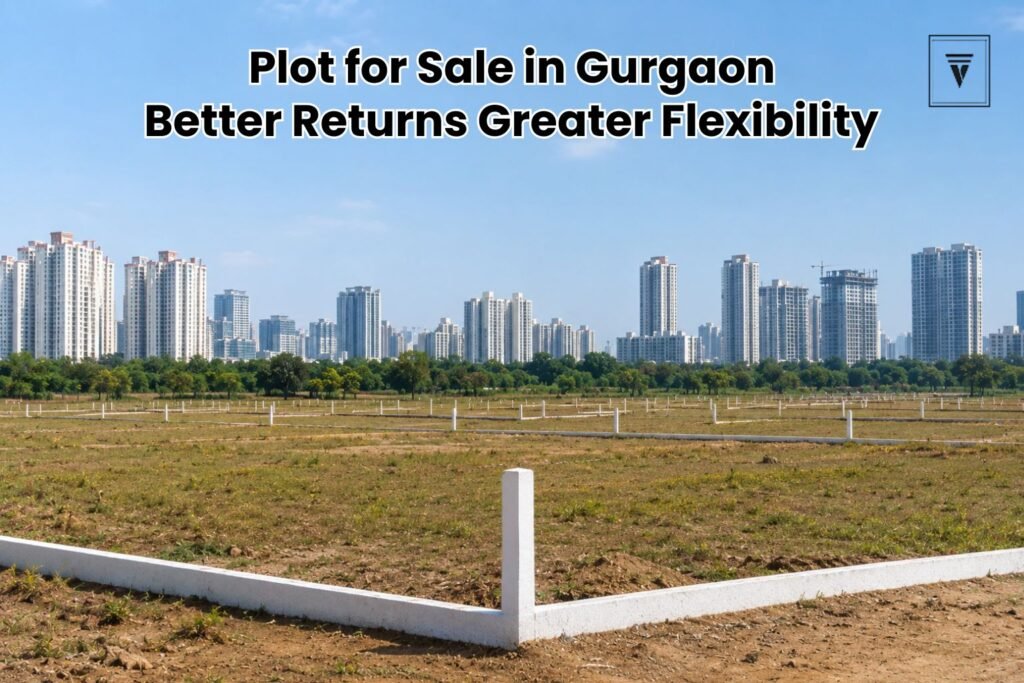 Open residential plot land with modern Gurgaon skyline and high-rise buildings in the background.