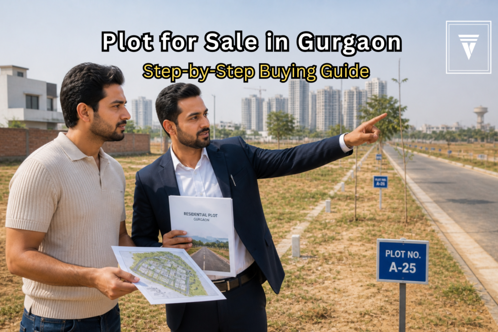 Homebuyer reviewing plot documents with a real estate agent on a Gurgaon site, showing the step-by-step land buying process.