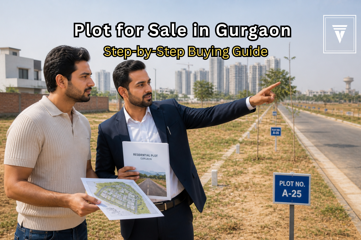 Homebuyer reviewing plot documents with a real estate agent on a Gurgaon site, showing the step-by-step land buying process.
