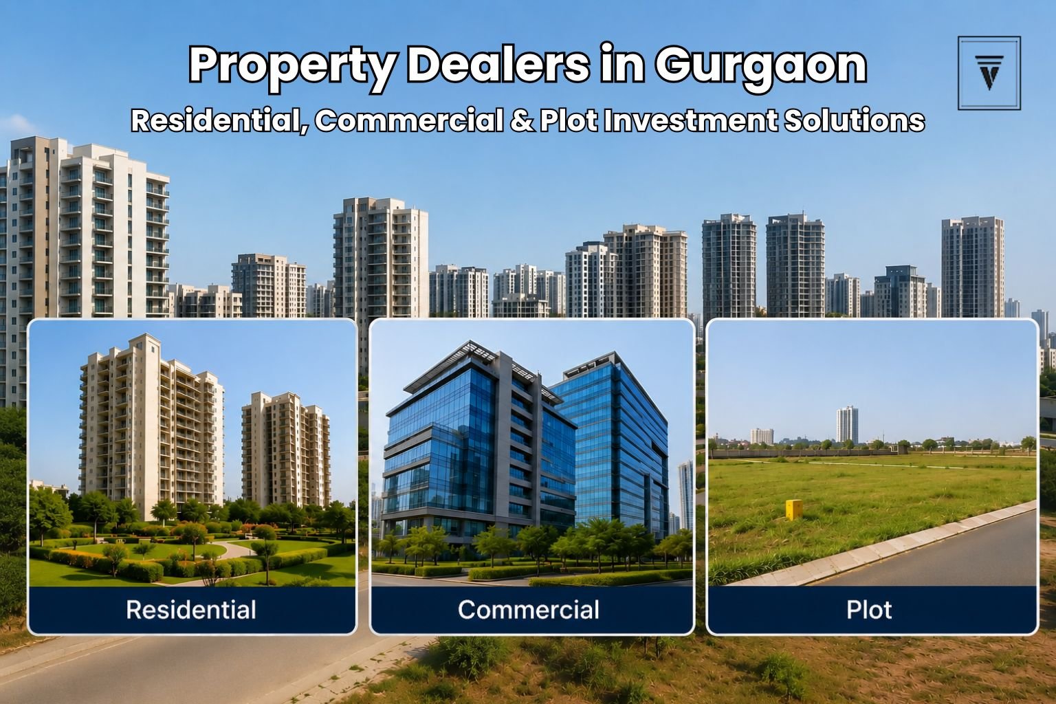 Modern real estate properties in Gurgaon including residential apartments, commercial buildings, and plot investment options
