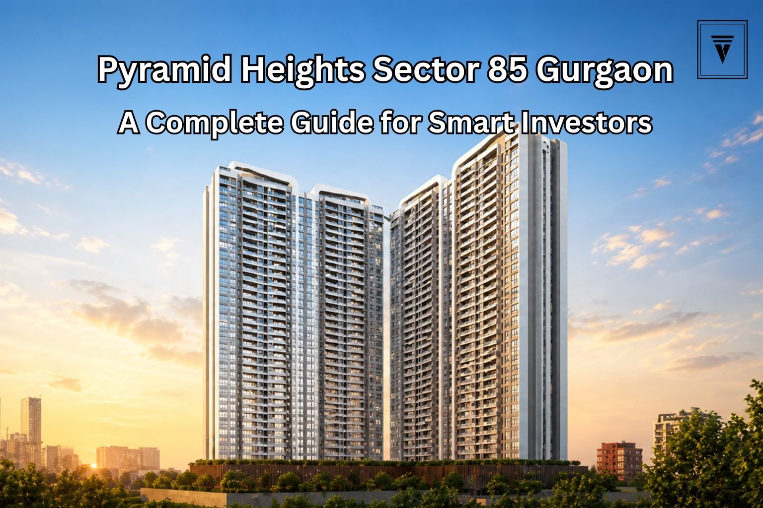 Pyramid Heights Sector 85 Gurgaon modern high rise apartments exterior view with 3 BHK flats and skyline at sunset