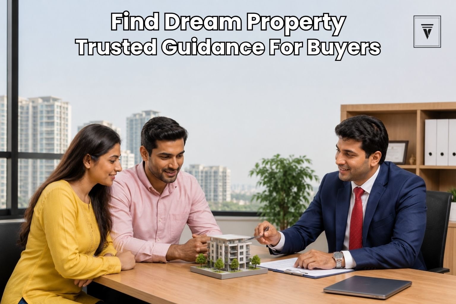 Real estate agent discussing property options with a couple in a modern Gurgaon office.