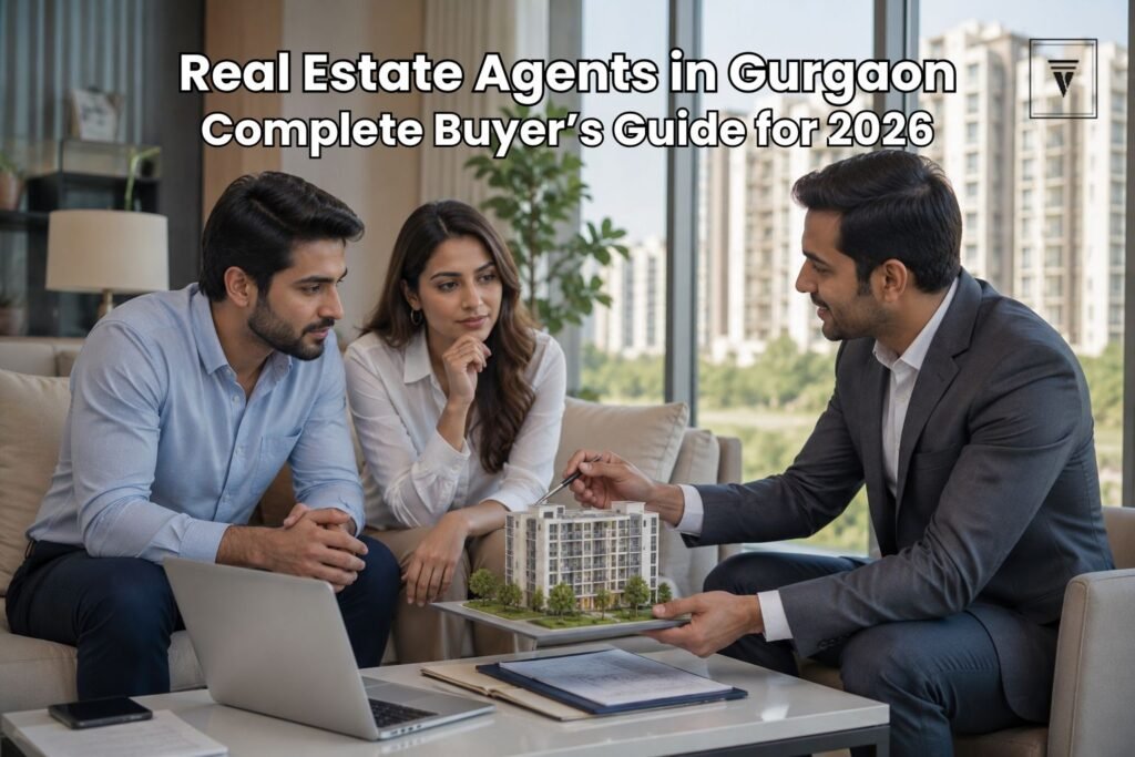 Professional real estate agent discussing property options with a young couple in a modern Gurgaon apartment setting.