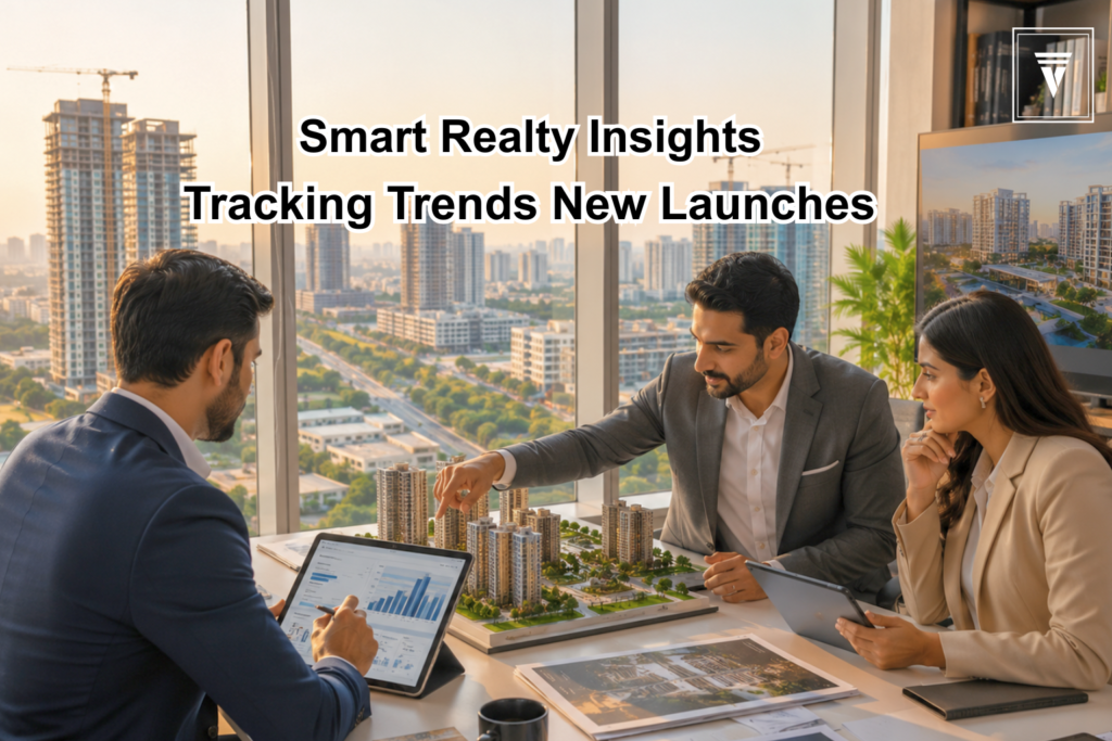 Professional real estate agents discussing Gurgaon property market trends and new project launches in a modern office