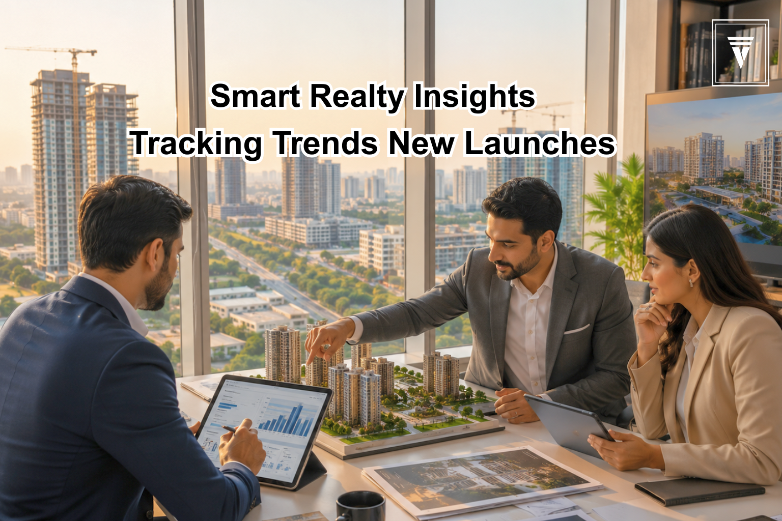 Professional real estate agents discussing Gurgaon property market trends and new project launches in a modern office