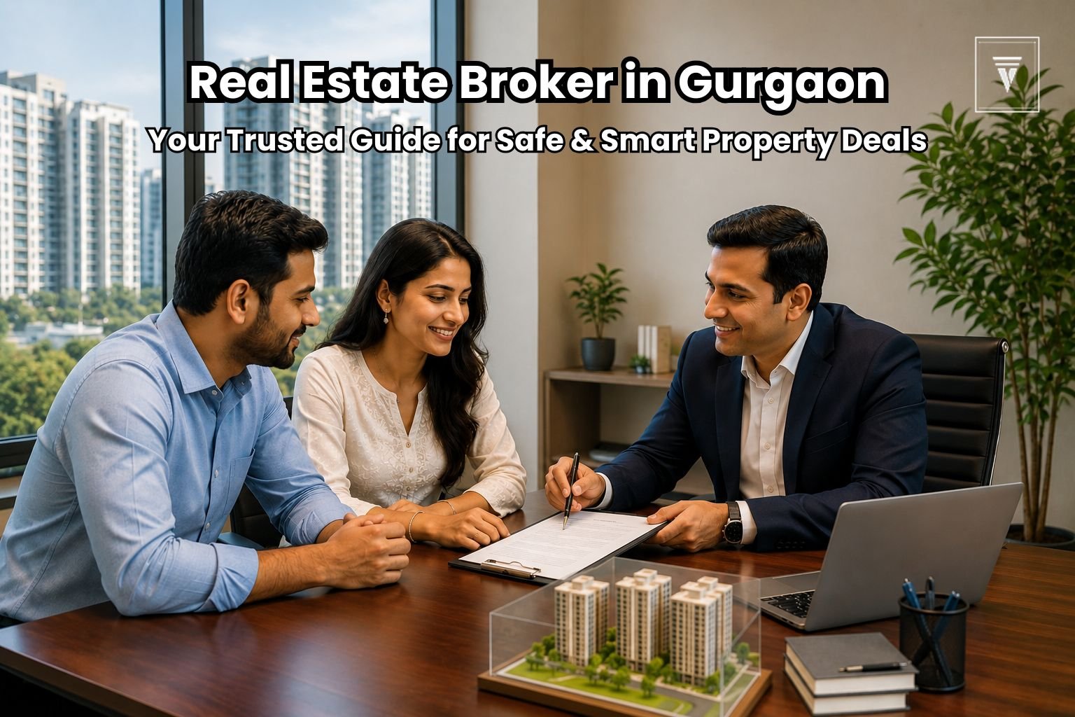 Professional real estate broker in Gurgaon discussing property deals with clients in a modern office environment.
