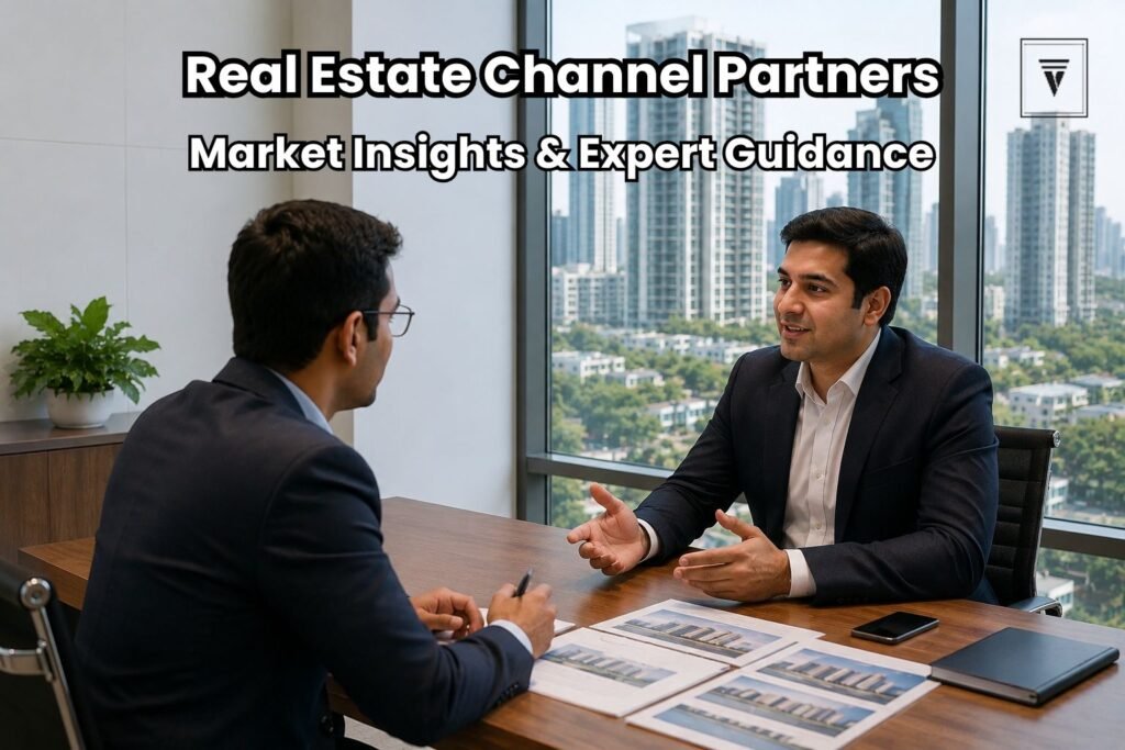 Professional real estate consultants discussing property investment opportunities in a modern Gurgaon office with city skyline view.