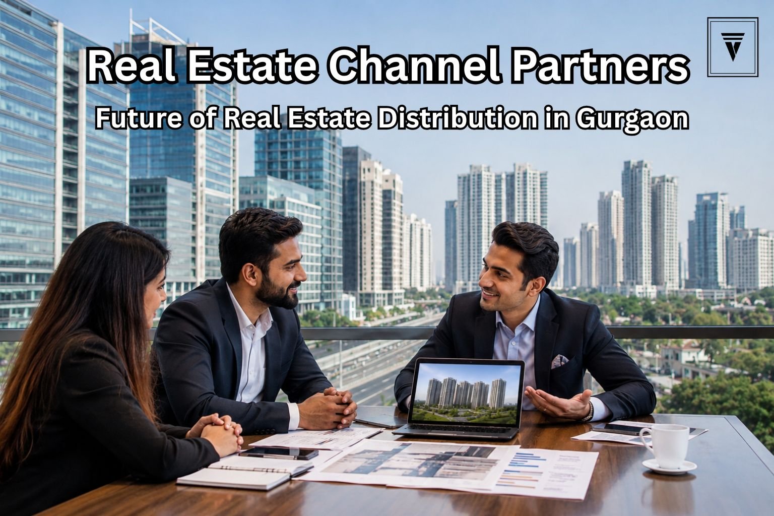 Real estate professionals discussing property sales and channel partnerships in a modern Gurgaon office with city skyline