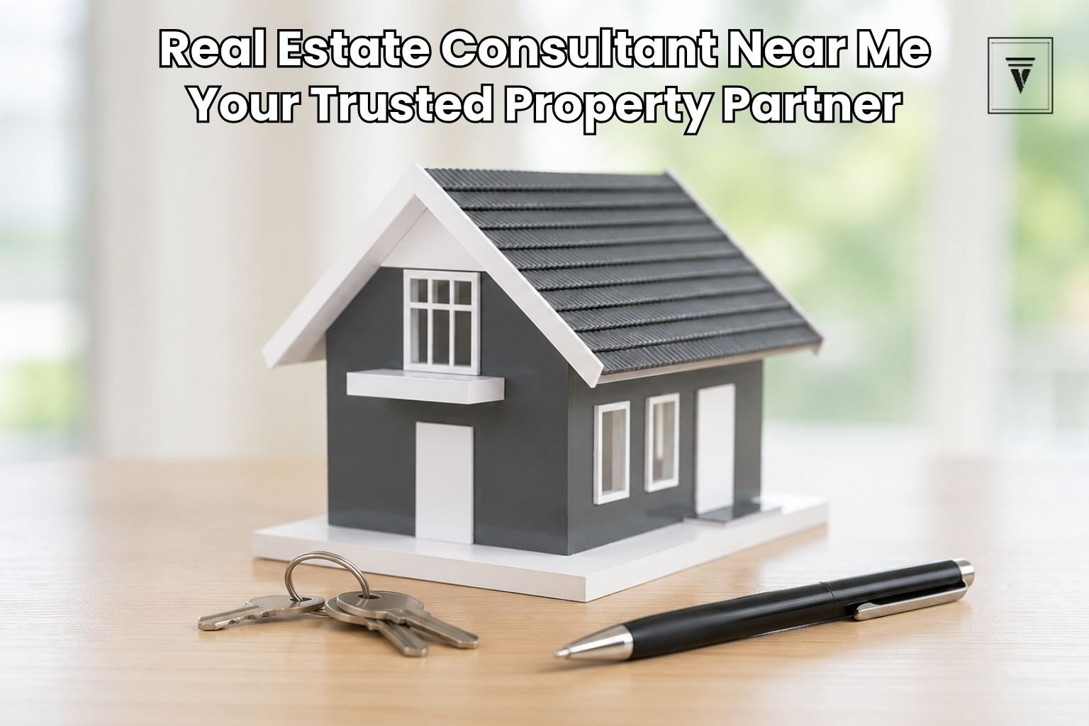 Modern real estate consultation concept with house model, keys, and pen on a wooden table