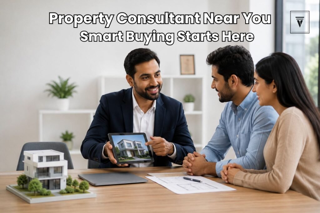 Professional real estate consultant discussing property investment opportunities with a couple in a modern office.