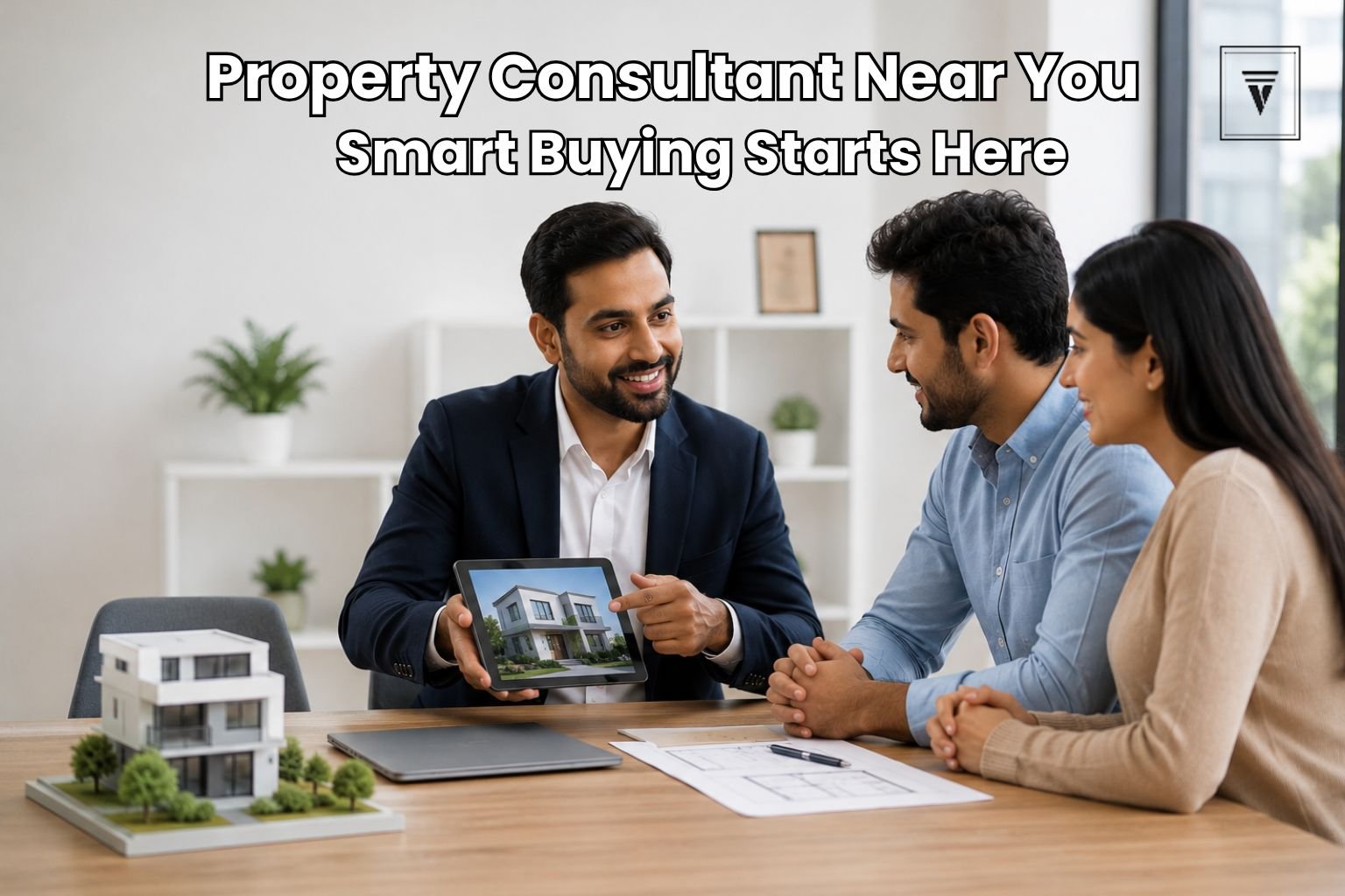 Professional real estate consultant discussing property investment opportunities with a couple in a modern office.