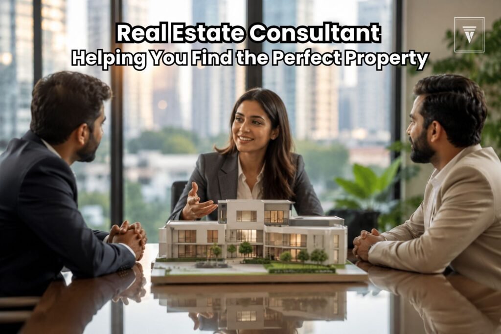 Real estate consultants discussing a luxury property model in a modern Gurgaon office