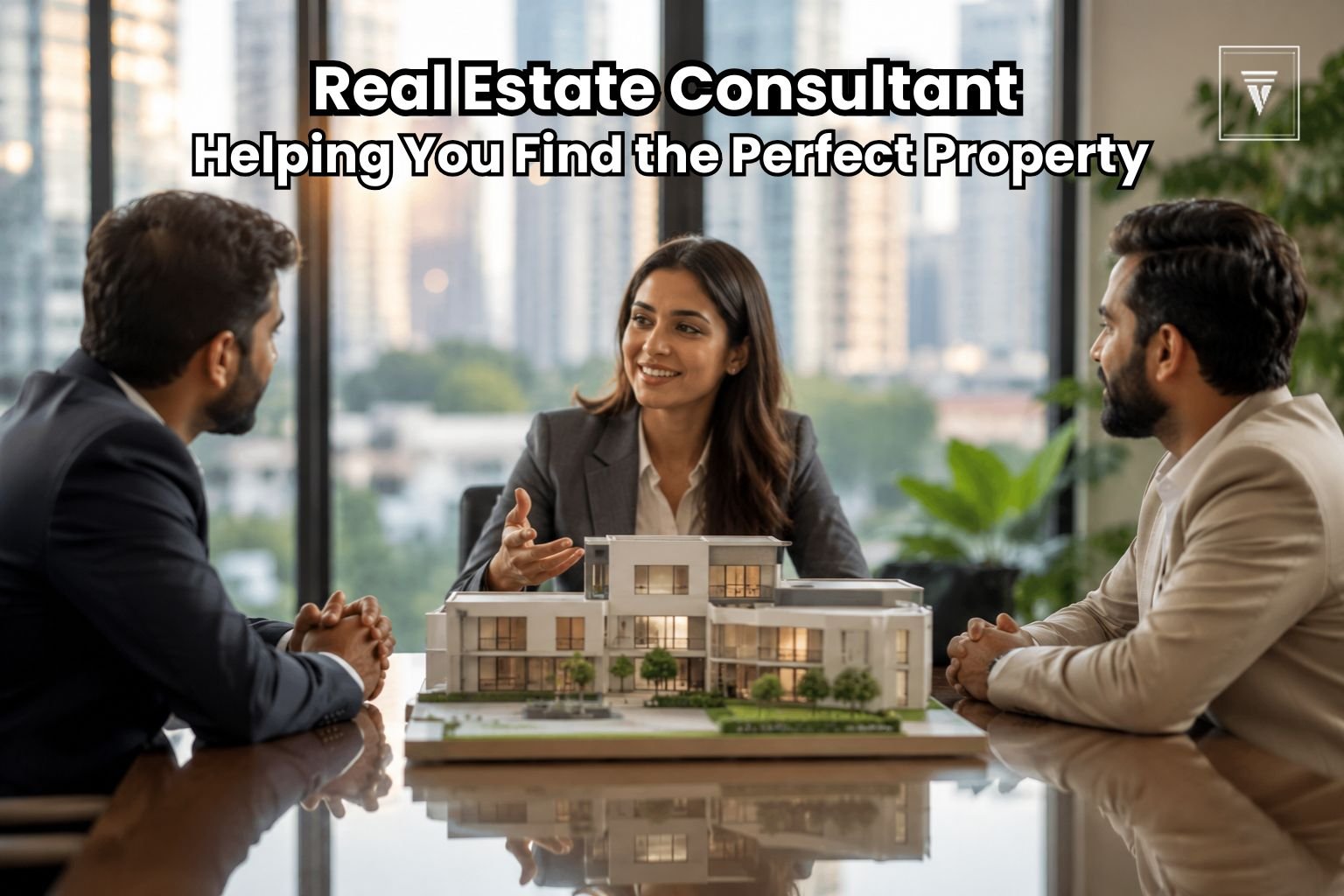 Real estate consultants discussing a luxury property model in a modern Gurgaon office