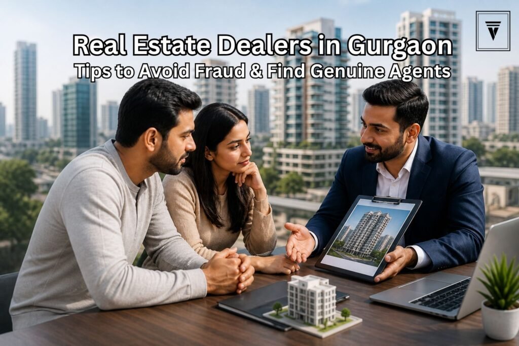 Real estate dealers in Gurgaon with modern city skyline, representing tips to avoid fraud and find genuine property agents