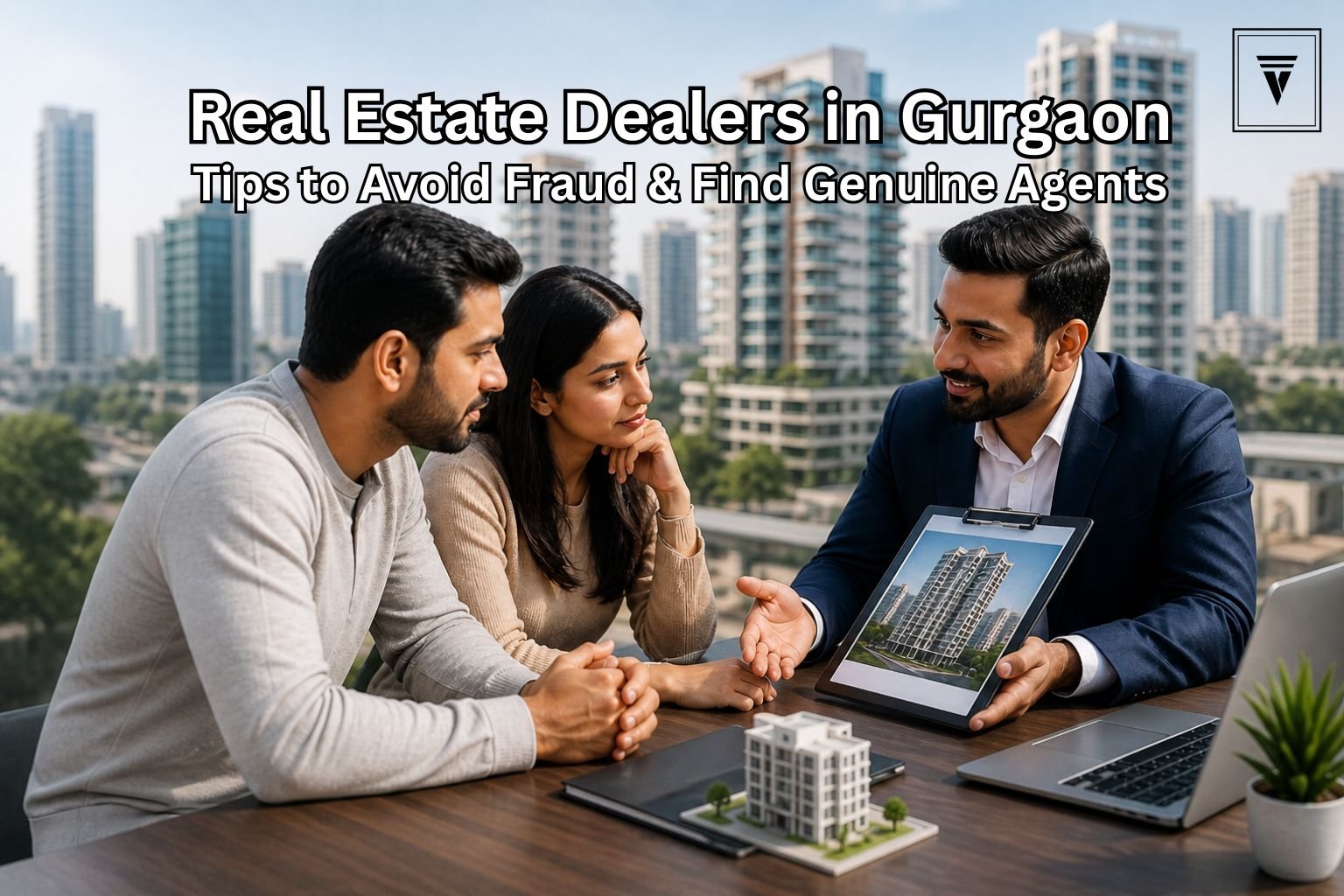 Real estate dealers in Gurgaon with modern city skyline, representing tips to avoid fraud and find genuine property agents