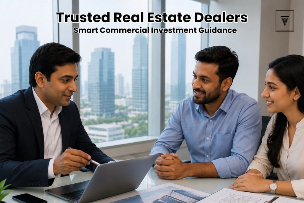 Real estate consultant discussing commercial property investment opportunities with clients in a modern Gurgaon office.