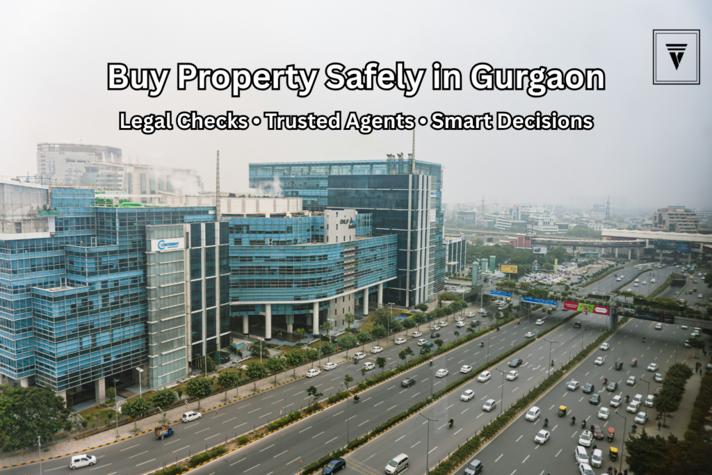 Real estate Gurgaon skyline with handshake showing safe property buying and fraud prevention