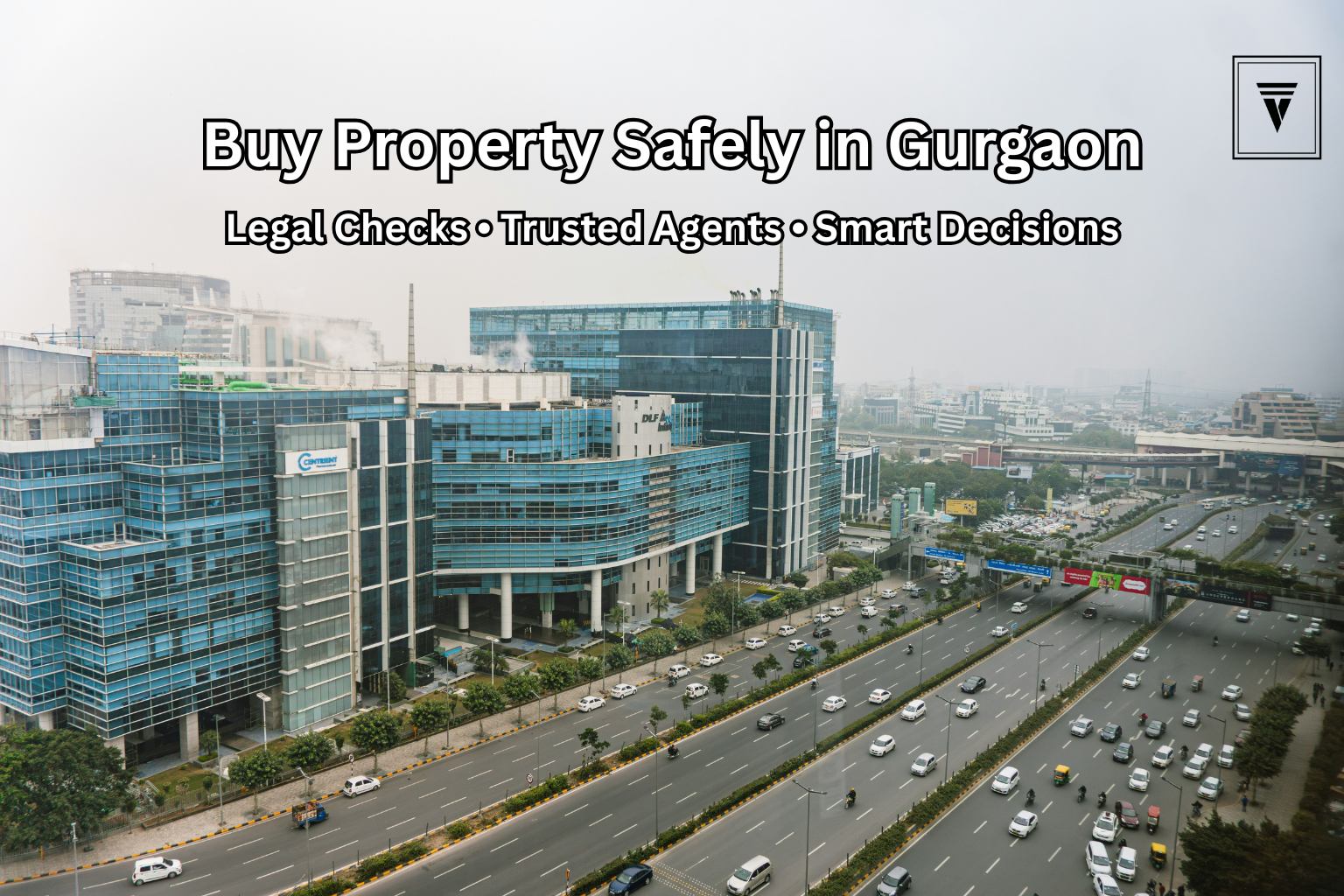 Real estate Gurgaon skyline with handshake showing safe property buying and fraud prevention