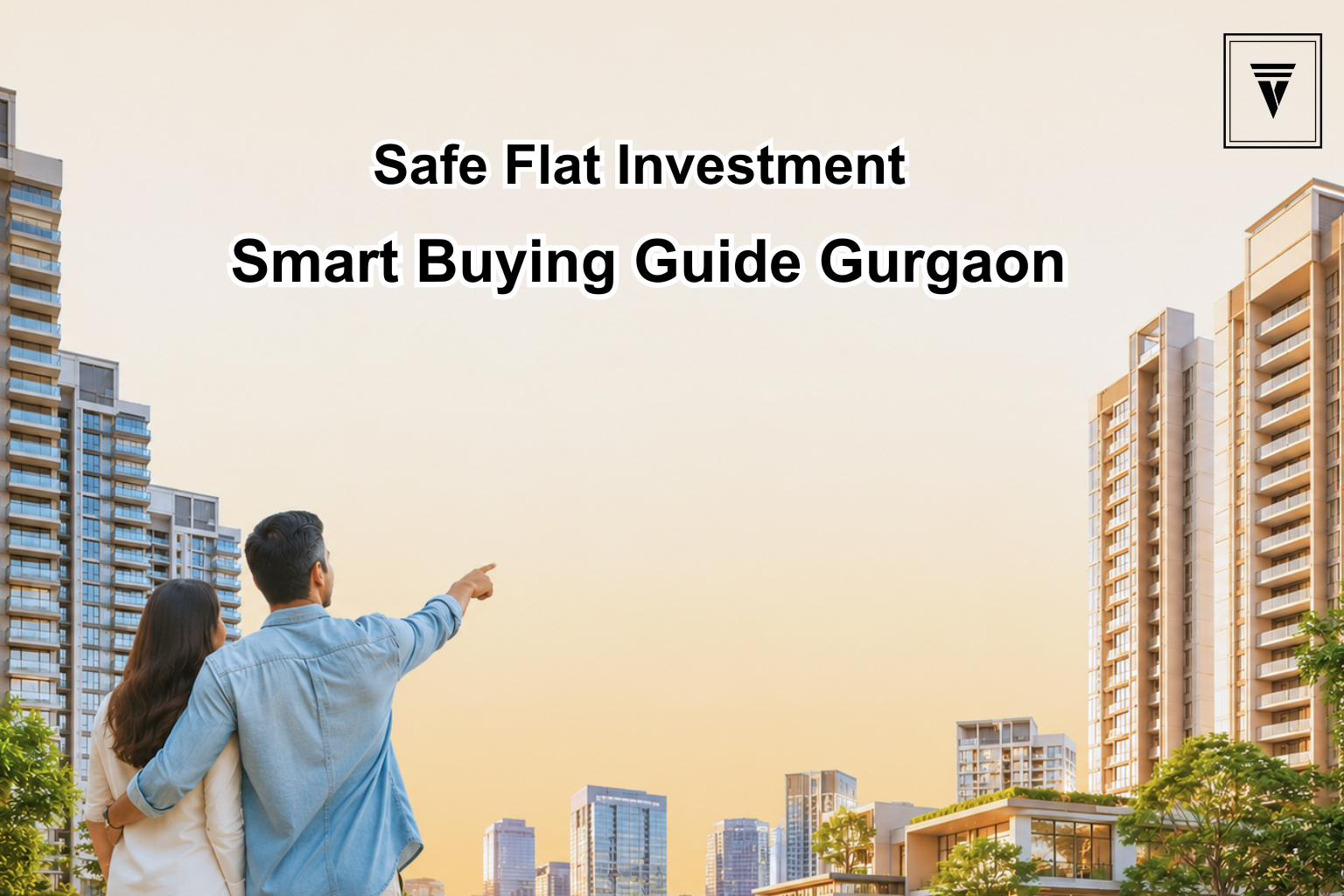 Young couple viewing modern luxury apartments in Gurgaon with open sky space for promotional text