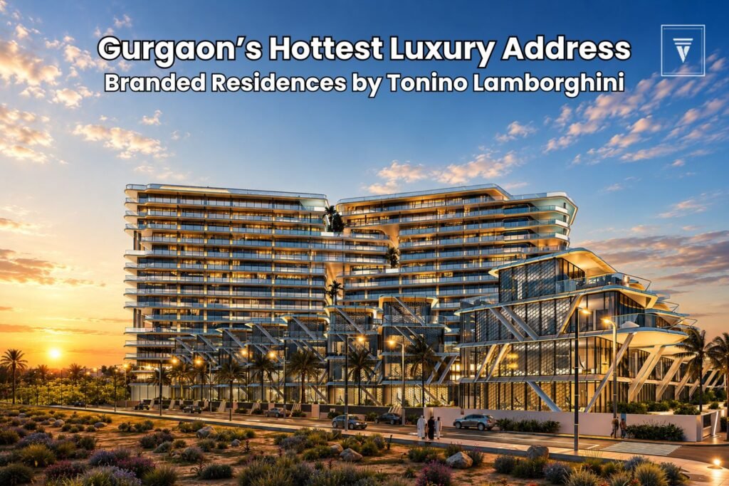 Tonino Lamborghini branded luxury residences in Gurgaon during sunset with modern premium architecture