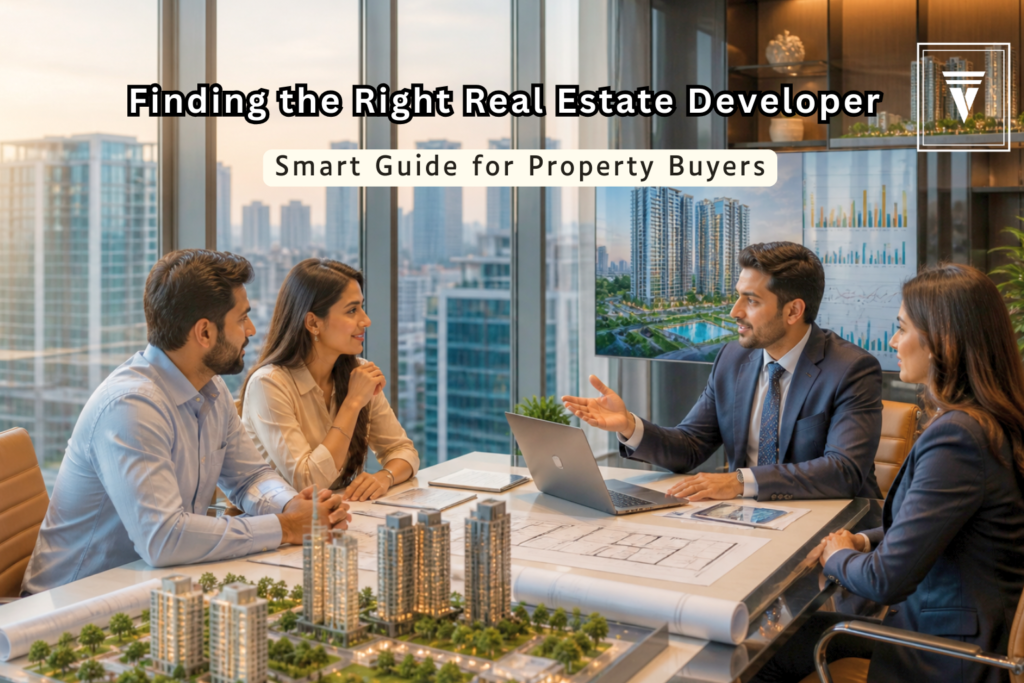 Professional real estate consultation meeting with clients and advisors discussing property investment plans in a modern office