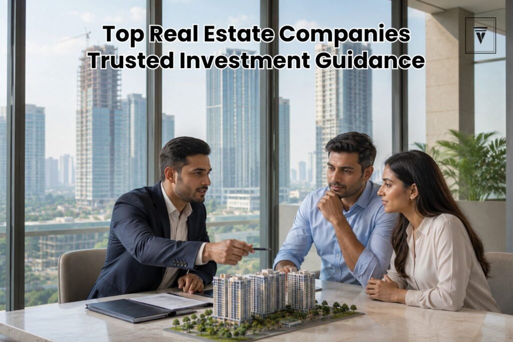 Real estate consultant discussing luxury property investment plans with clients in a modern Gurgaon office.