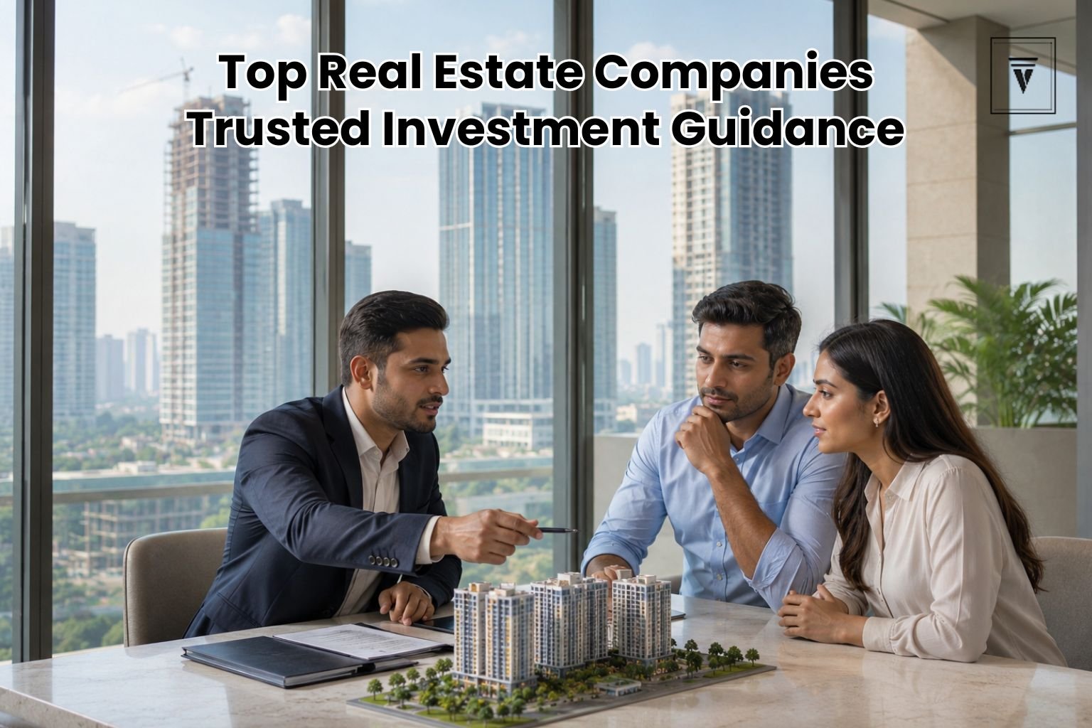 Real estate consultant discussing luxury property investment plans with clients in a modern Gurgaon office.
