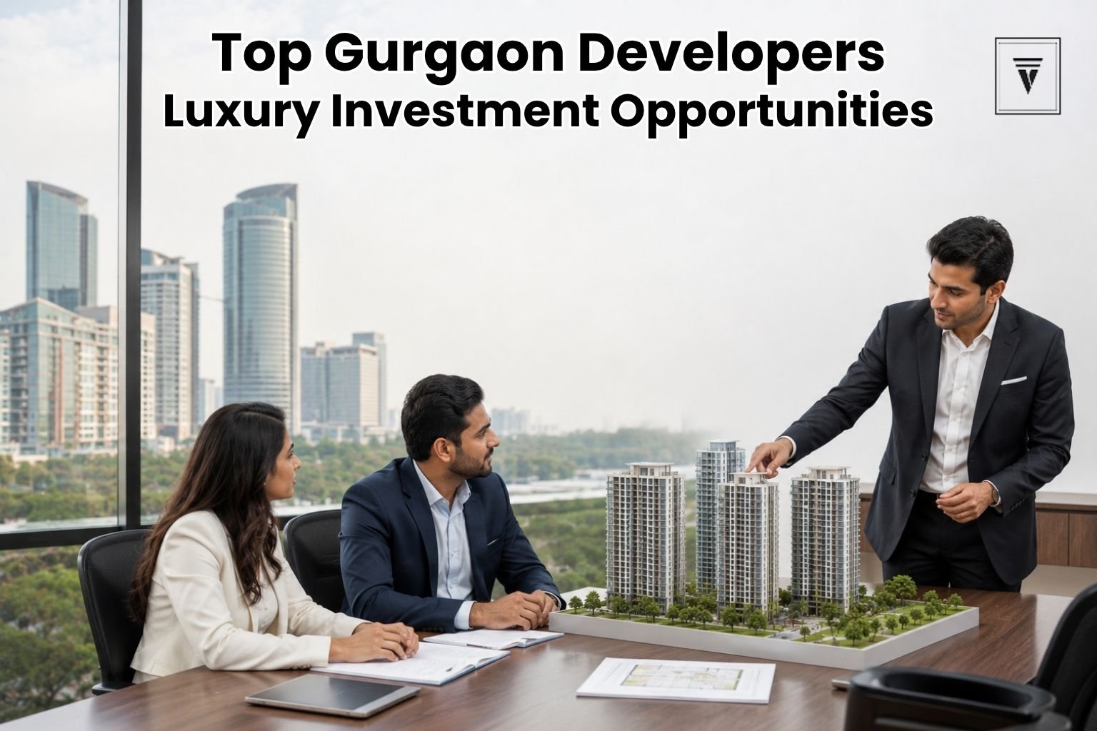 Luxury property investors meeting with real estate professionals in Gurgaon office overlooking premium residential towers.