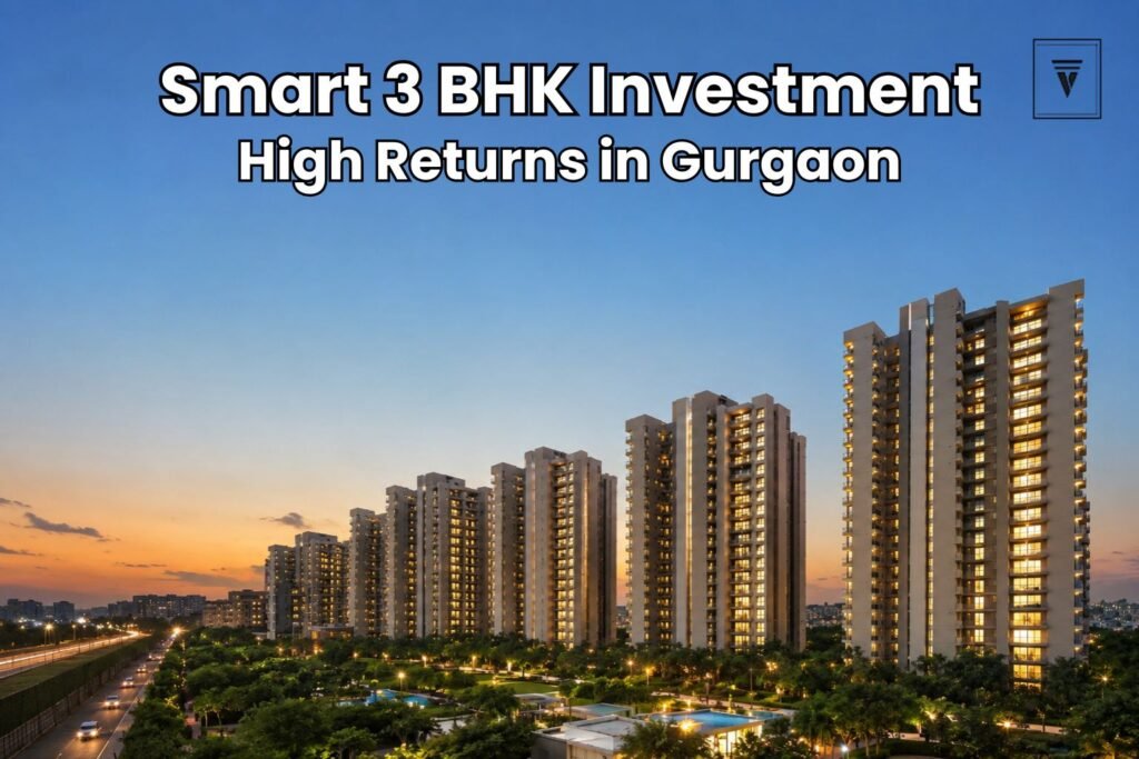 Modern high-rise 3 BHK residential apartments in Gurgaon at sunset, showcasing premium real estate investment opportunities.
