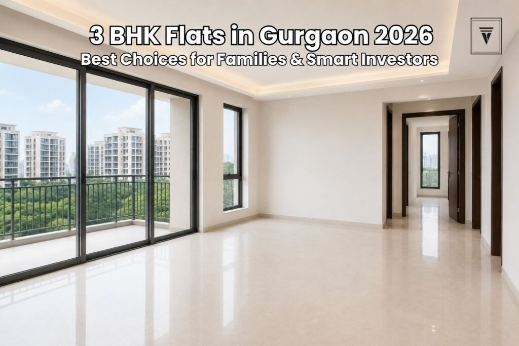 Modern 3 BHK apartment interior in Gurgaon with spacious living area, large balcony, and city skyline view.