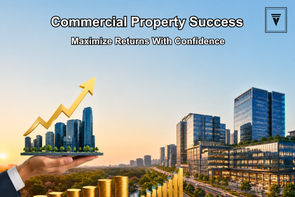 Modern commercial buildings in Gurgaon showcasing high ROI investment opportunities with a thriving business environment.