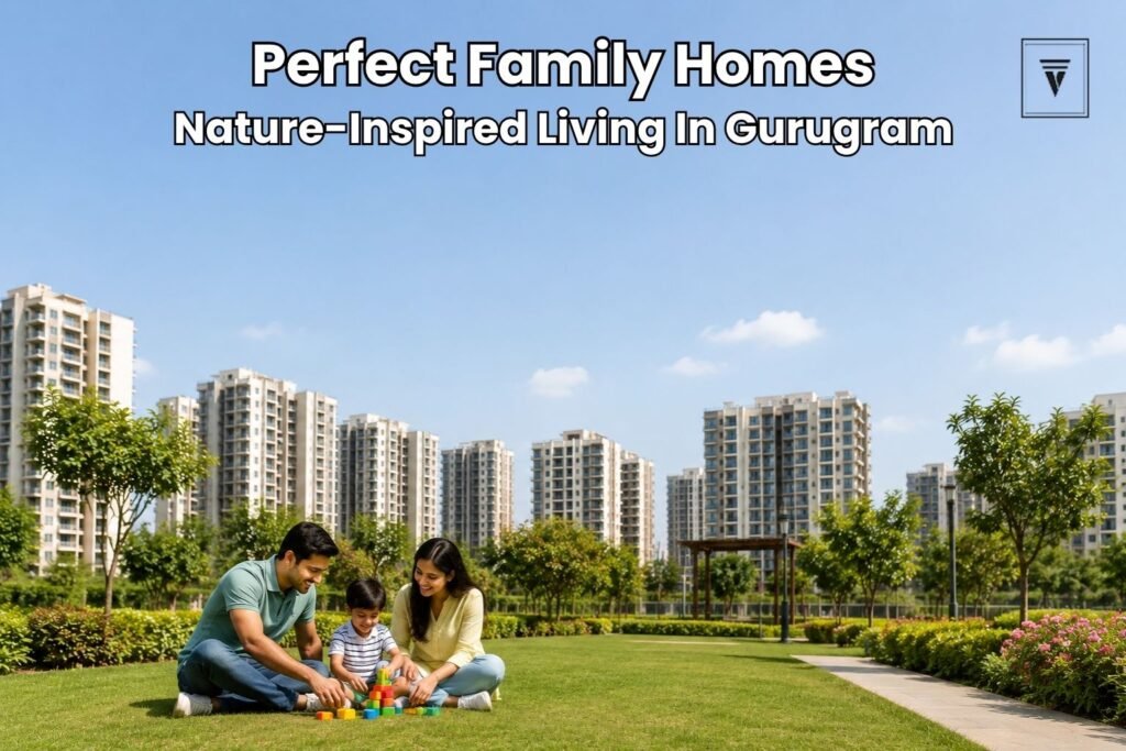 Family enjoying green open spaces in a modern residential apartment community in Gurugram.