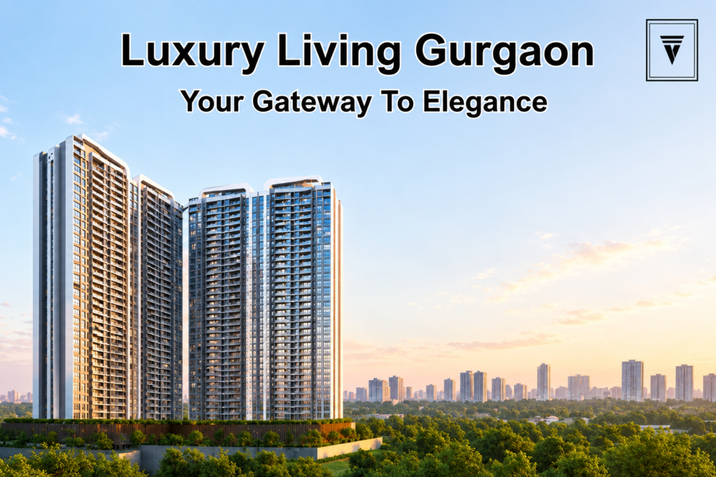 Pyramid Heights Gurgaon luxury residential towers with modern architecture, sunset skyline views, and spacious sky background for promotional text.
