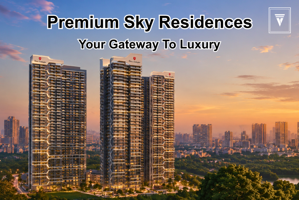 Tonino Lamborghini Luxury high-rise residential towers in Gurgaon with skyline view and spacious sky background.