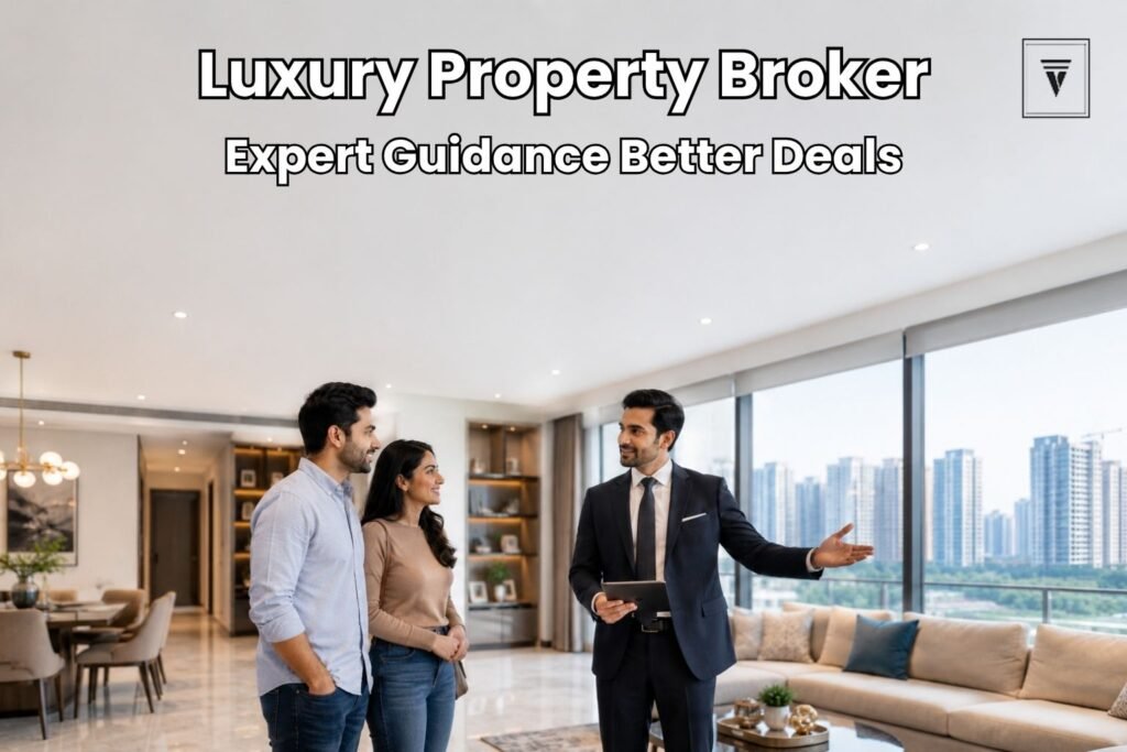 Professional real estate broker assisting clients inside a luxury apartment in Gurgaon with a modern city skyline view.