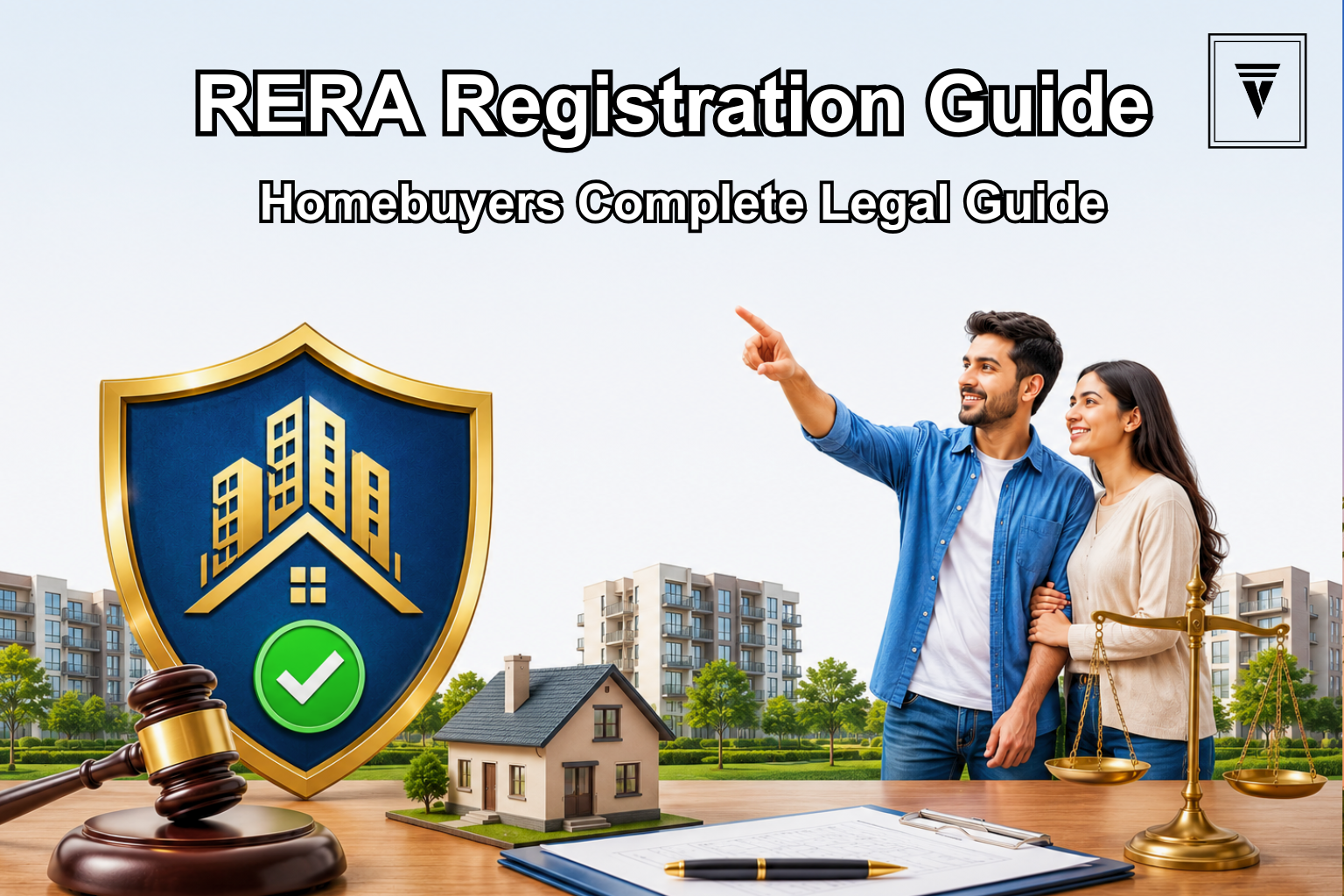 RERA registration concept with modern buildings, legal elements, and homebuyers symbolizing property approval and protection for buyers