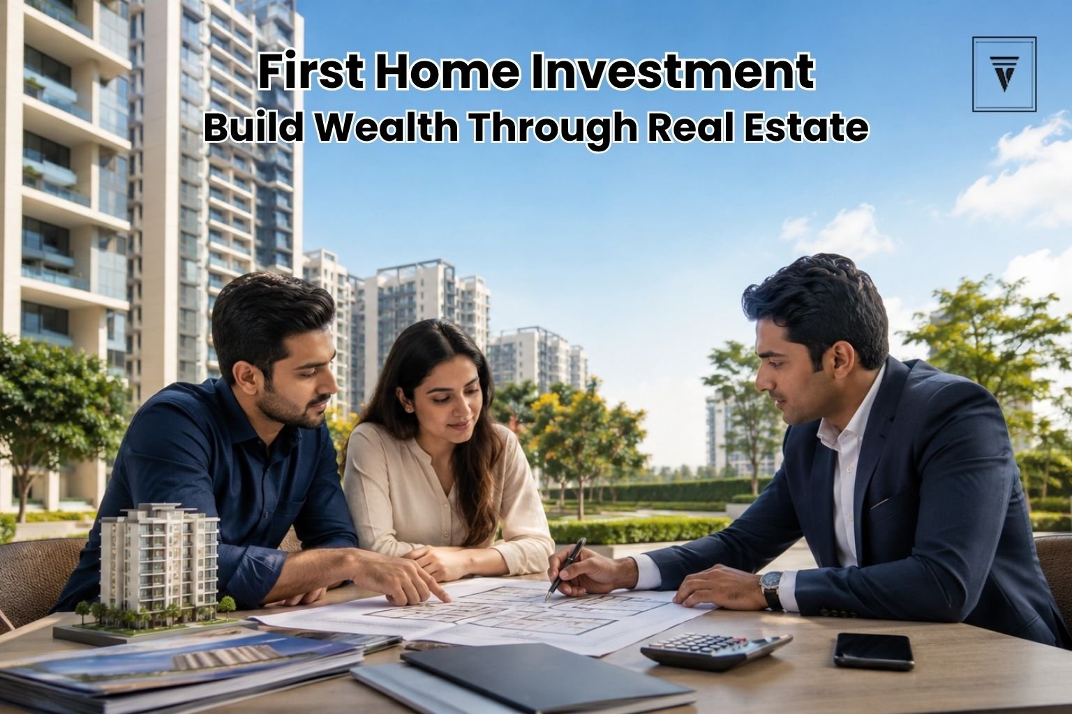 First-time homebuyers discussing a real estate investment plan with a property consultant in front of modern residential apartments.