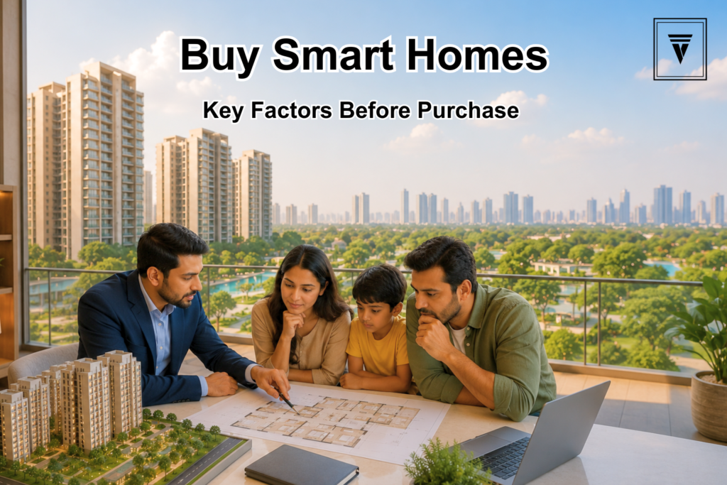 Family consulting with a real estate advisor while reviewing apartment floor plans before buying a flat in Gurugram.