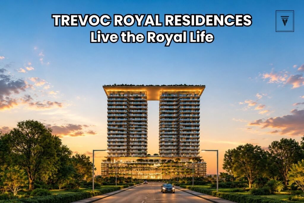 Trevoc Royal Residences luxury twin towers with iconic architecture and landscaped surroundings at sunset.