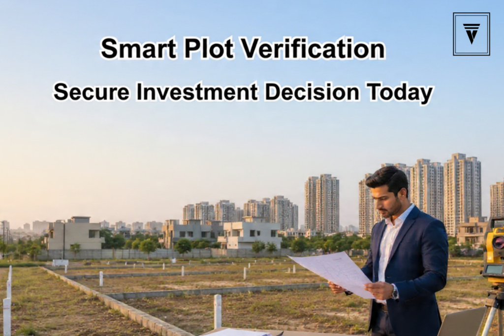 Professional inspecting plot documents and land survey details on a Gurgaon plot with modern city skyline and open sky space for text placement.